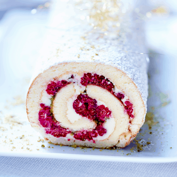 Bûche de Noël con frambuesas y pistaches