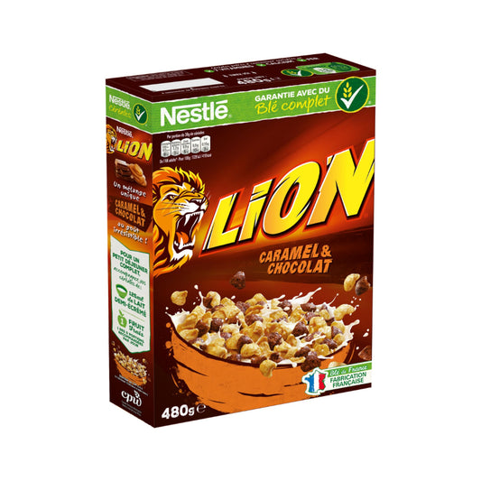 Cereales de trigo con sabor a caramelo y chocolate Lion