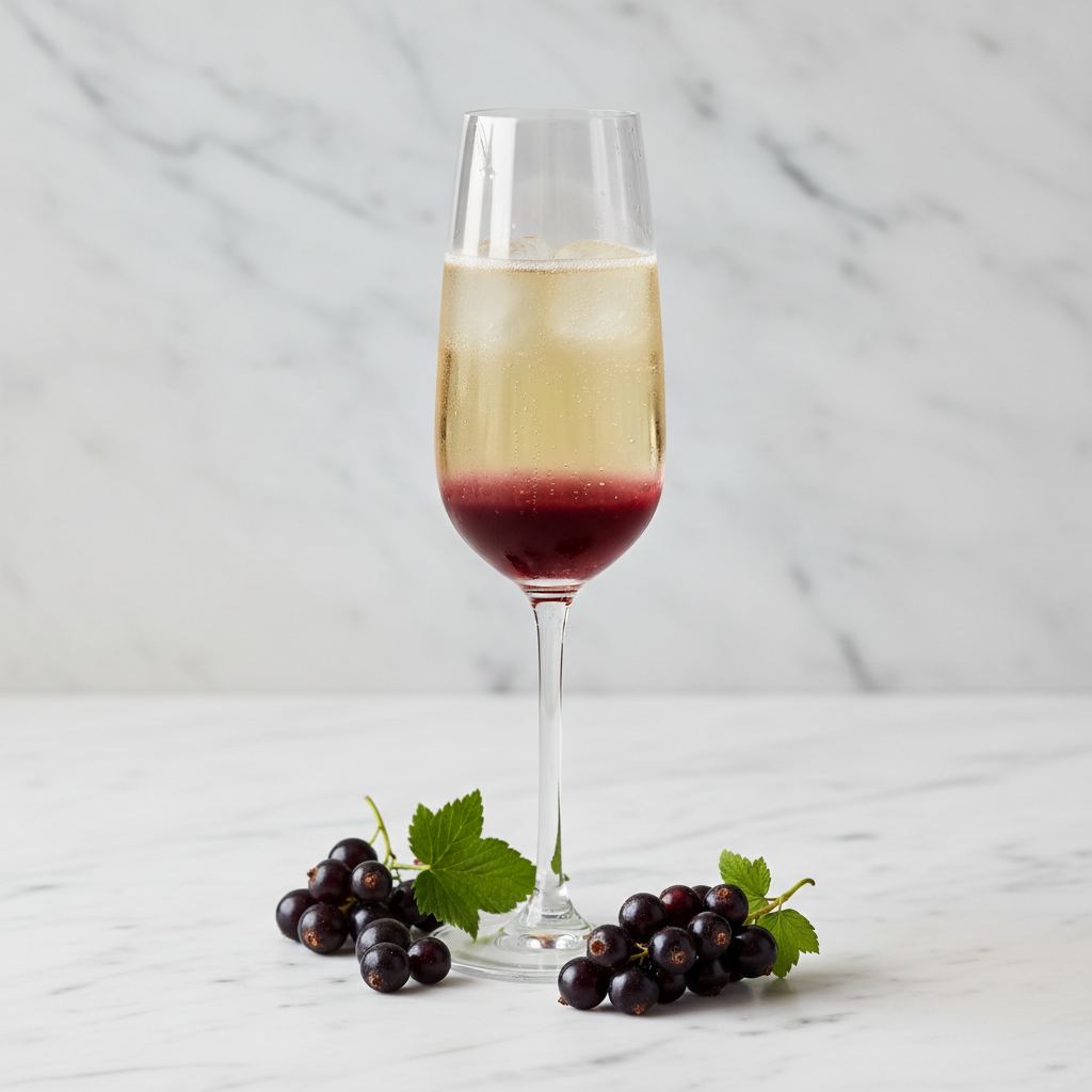 Fotografía realista de un coctel kir royal en un vaso de vidrio preparado con champaña y jarabe de grosella negra, con hielo y racimos de grosella negra fresca alrededor. Estilo gourmet francés, iluminación natural suave, fondo claro de mármol, sin texto ni personas. Formato cuadrado.