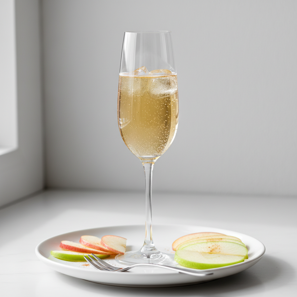 Fotografía realista de un vaso de champaña con jugo de manzana con burbujas finas y hielos, con rodajas de manzana alrededor. Estilo saludable y gourmet francés, iluminación natural suave, fondo claro minimalista, sin texto ni personas. Formato cuadrado.