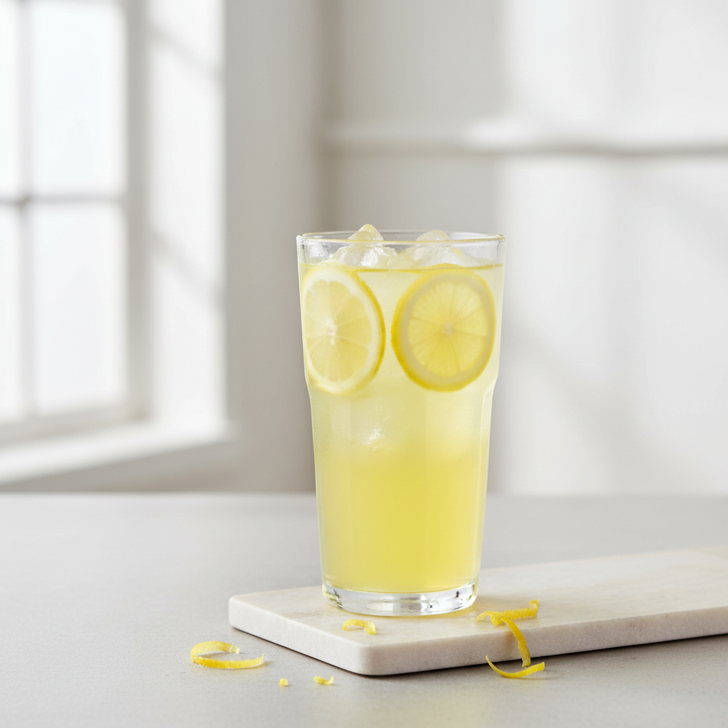 Fotografía realista de un vaso de vidrio con agua de sabor color amarillo, preparada con jarabe de limón amarillo, con hielo y rodajas de limón amarillo fresco. Estilo francés moderno y refrescante, luz natural suave, fondo claro y limpio, sin texto ni personas. Formato cuadrado.
