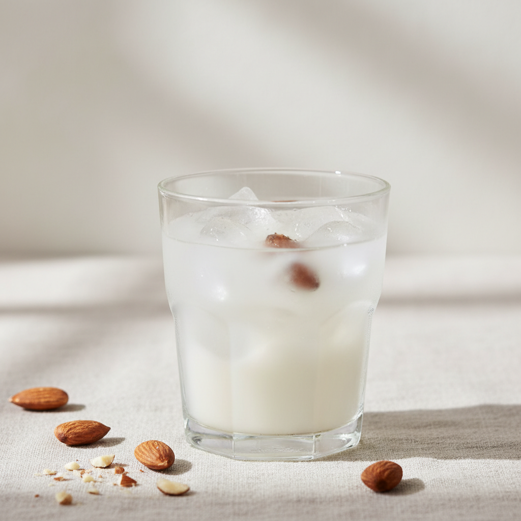 Fotografía realista de un vaso de vidrio con agua de sabor color blanco, preparada con jarabe de orgeat, con hielo y almendras alrededor. Estilo saludable y gourmet francés, iluminación natural suave, fondo claro minimalista, sin texto ni personas. Formato cuadrado.