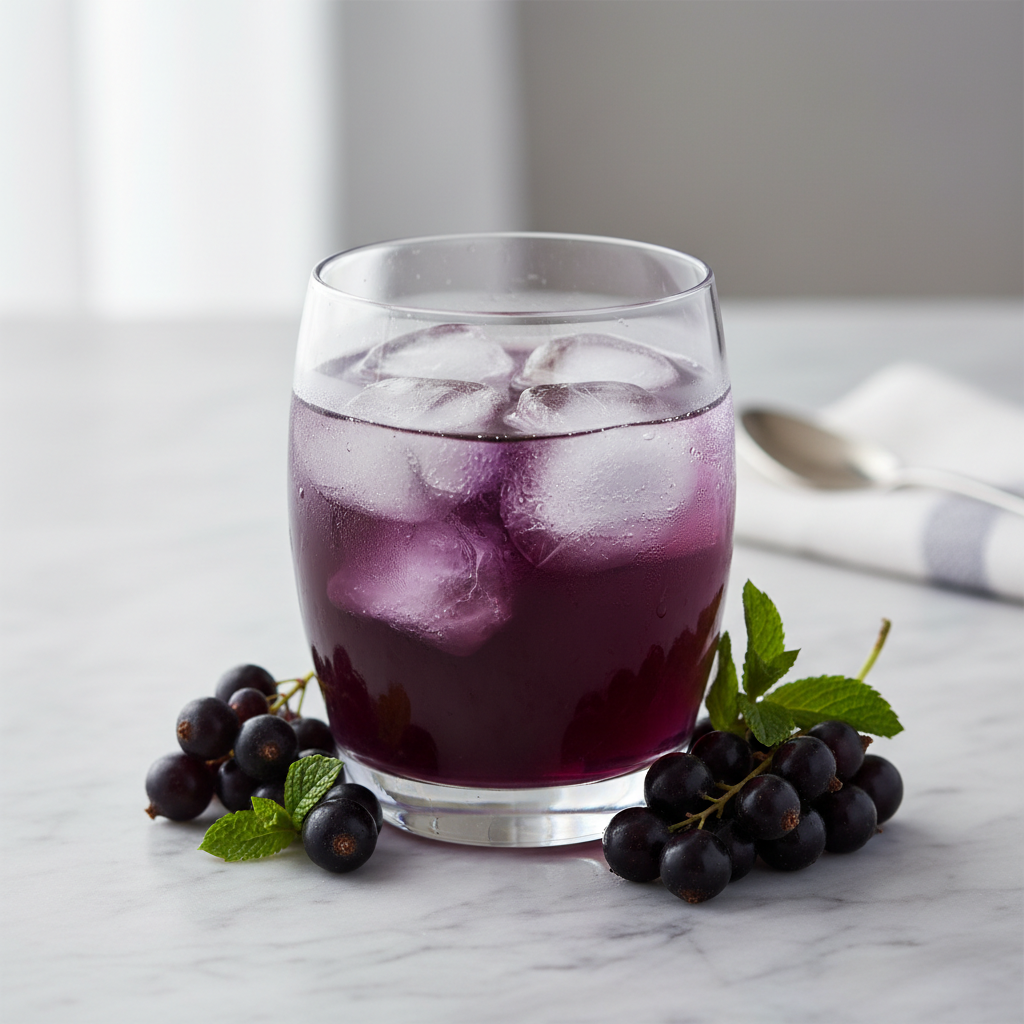 Fotografía realista de un vaso de vidrio con agua de sabor color morado oscuro, preparada con jarabe de grosella negra, con hielo y racimos de grosella negra fresca alrededor. Estilo gourmet francés, iluminación natural suave, fondo claro de mármol, sin texto ni personas. Formato cuadrado.