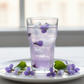 Fotografía realista de un vaso de vidrio con agua de sabor color morado, preparada con jarabe de violeta, con hielo y flores de violeta alrededor. Estilo saludable y gourmet francés, iluminación natural suave, fondo claro minimalista, sin texto ni personas. Formato cuadrado.