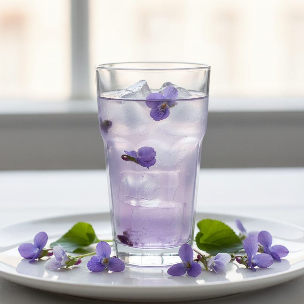 Fotografía realista de un vaso de vidrio con agua de sabor color morado, preparada con jarabe de violeta, con hielo y flores de violeta alrededor. Estilo saludable y gourmet francés, iluminación natural suave, fondo claro minimalista, sin texto ni personas. Formato cuadrado.