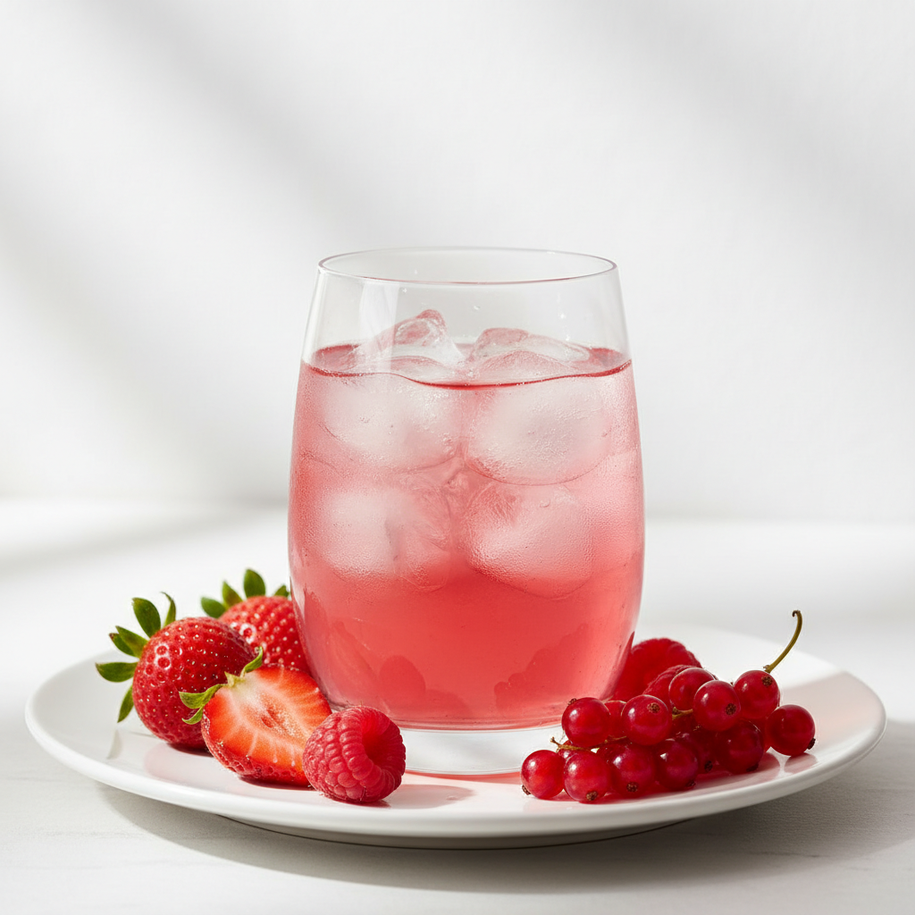 Fotografía realista de un vaso de vidrio con agua de sabor color rojo claro, preparada con jarabe de granadina sin azúcar, con hielo y frutos rojos frescos alrededor. Estilo saludable y gourmet francés, iluminación natural suave, fondo claro minimalista, sin texto ni personas. Formato cuadrado.