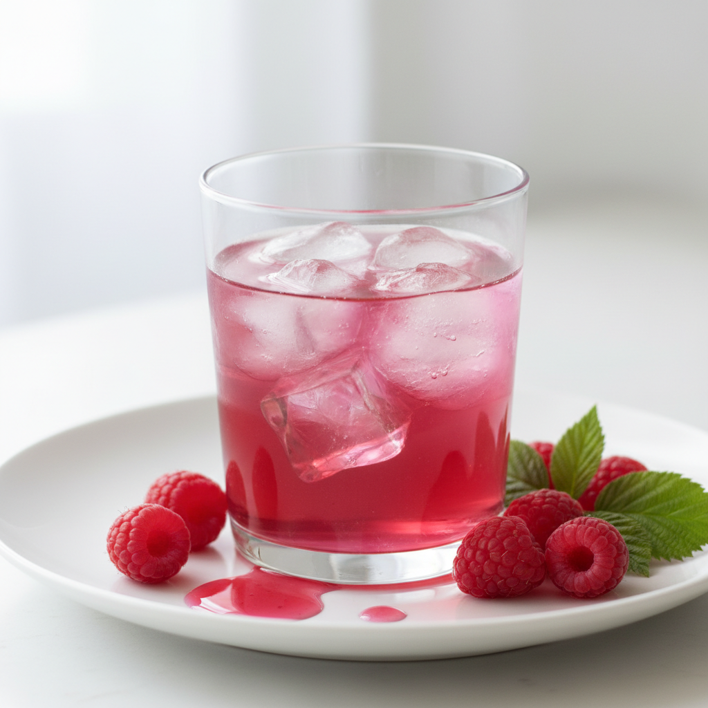 Fotografía realista de un vaso de vidrio con agua de sabor color rosa intenso, preparada con jarabe de frambuesa, con cubos de hielo y frambuesas frescas alrededor. Estilo fresco y gourmet francés, iluminación natural, fondo claro limpio, sin texto ni personas. Formato cuadrado.