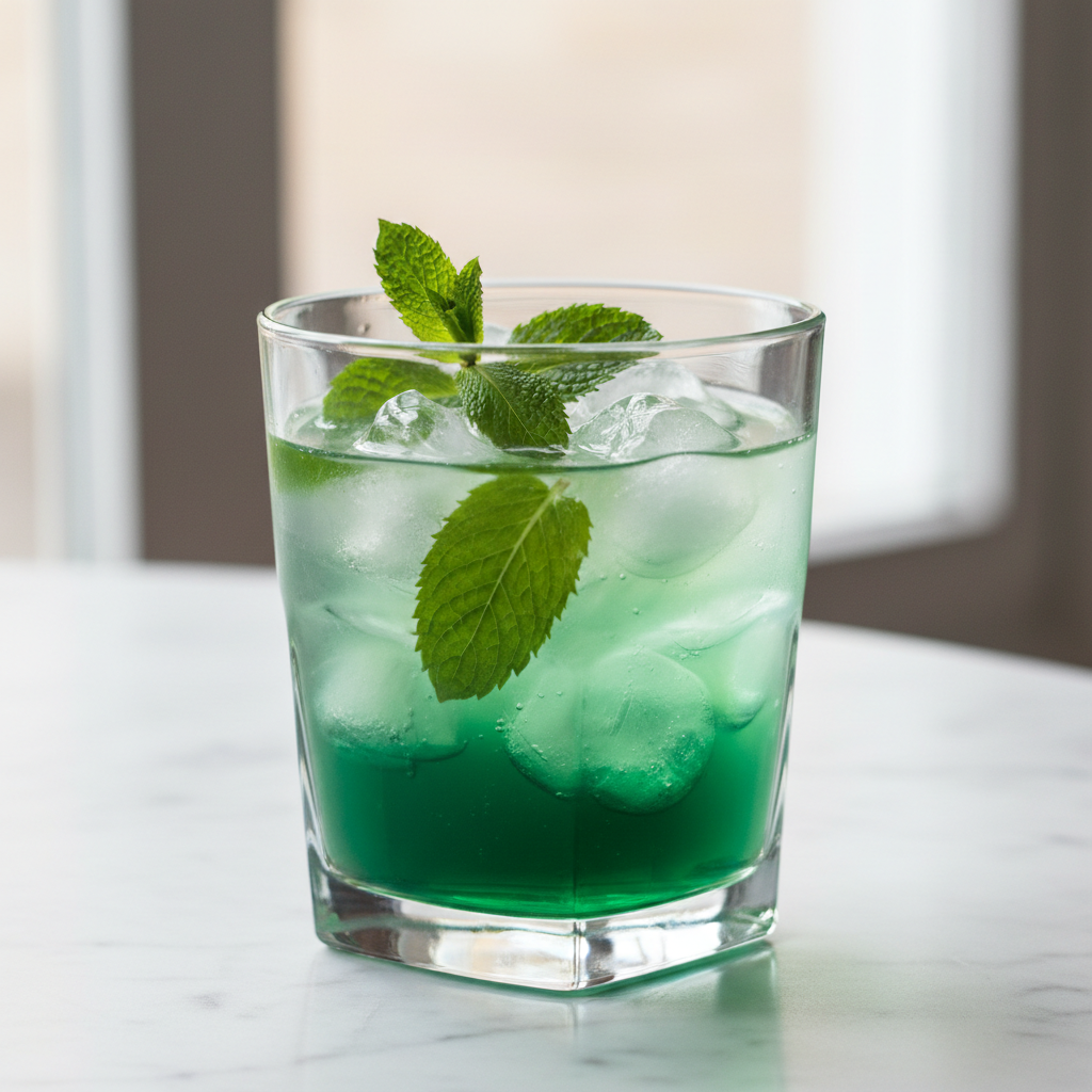Fotografía realista de un vaso de vidrio con agua de sabor color verde, preparada con jarabe de menta, con cubos de hielo y hojas de menta fresca visibles. Estilo fresco y francés, iluminación natural, fondo claro minimalista, superficie de mármol blanco, sin texto ni personas. Formato cuadrado.