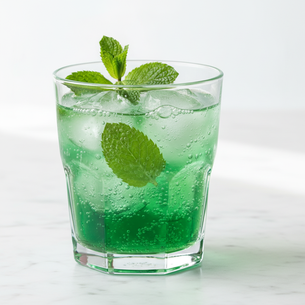 Fotografía realista de un vaso de vidrio con agua mineral de sabor color verde, preparada con jarabe de menta, con cubos de hielo, burbujas de agua con gas y hojas de menta fresca visibles. Estilo fresco y francés, iluminación natural, fondo claro minimalista, superficie de mármol blanco, sin texto ni personas. Formato cuadrado.
