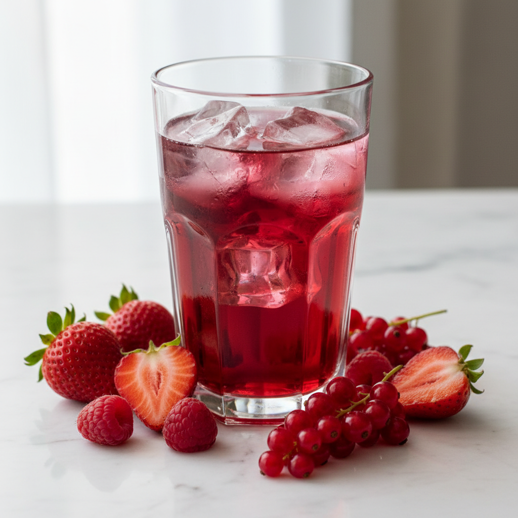 Fotografía realista de un vaso de vidrio transparente con agua de sabor color rojo intenso, preparada con jarabe de granadina de frutos rojos, con hielo. Alrededor del vaso, frutos rojos frescos: fresa, frambuesa y grosella. Estilo francés elegante, iluminación natural suave, fondo claro de mármol blanco, ambiente limpio y gourmet, sin texto, sin personas. Formato cuadrado.