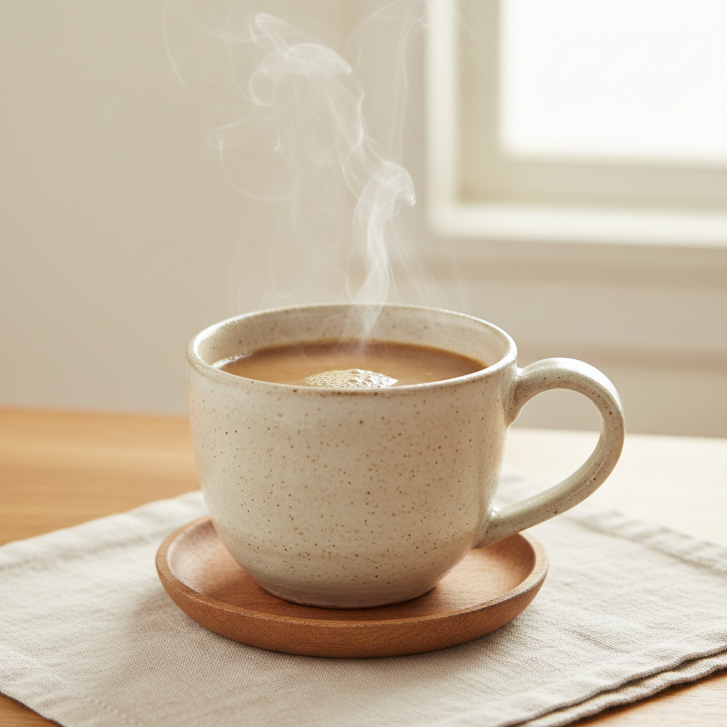 Fotografía realista de una taza de cerámica clara servida con bebida caliente de achicoria, color marrón claro tostado. Estilo saludable y gourmet francés, iluminación natural suave, fondo claro minimalista, sin texto ni personas. Formato cuadrado.