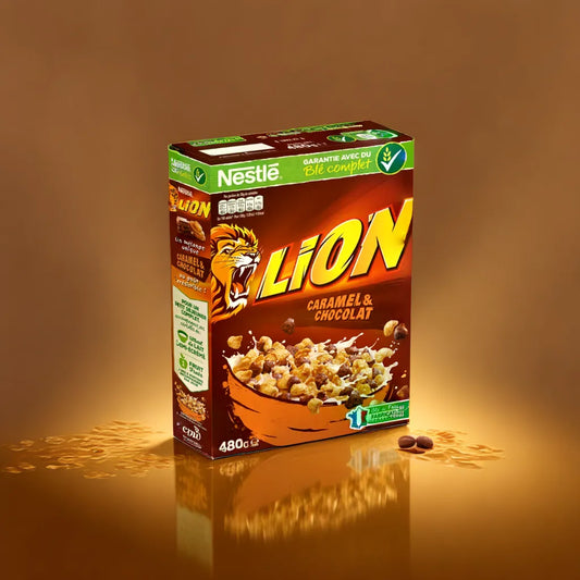 Cereales de trigo con sabor a caramelo y chocolate Lion